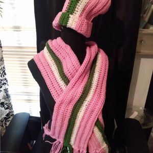 Hand crocheted pink and green and white hat and scarf